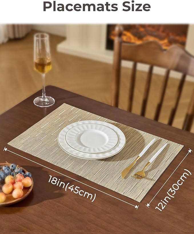 Leetaltree Light Brown Placemats Set of 4 - Heat Resistant Non-Slip Place mats for Dining Table, Washable Durable PVC Vinyl Woven Table Mats（Light Brown, 4）