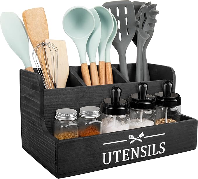RedCall Extra Large Kitchen Utensils Holder 4 Compartments,Wood Utensil Organizer for Kitchen Countertop,Farmhouse Cooking Utensil Holder with Spice Storage space (Black)