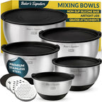 Baker's Signature Stainless Steel Mixing Bowls with Lids Set, 5 Sizes, 3 Graters, Non-Slip Base, Airtight Lids, Metal Mixing Bowls for Kitchen, Food Prep, Storage, 0.63QT-5QT, Black