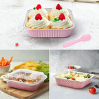 (35 Pack)Pink 8x8 Inch Disposable Aluminum Foil Pans&Square Cake Pans for Parties, Clear Plastic Lids,Eco-Friendly Baking Trays with Stickers&Cake Spoons,Picnics,Casseroles,Takeout,Recyclable Cookware