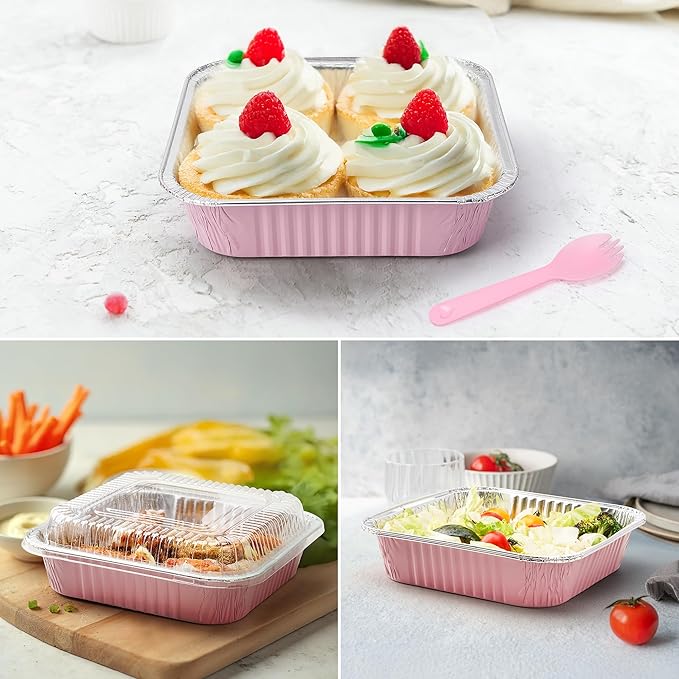 (35 Pack)Pink 8x8 Inch Disposable Aluminum Foil Pans&Square Cake Pans for Parties, Clear Plastic Lids,Eco-Friendly Baking Trays with Stickers&Cake Spoons,Picnics,Casseroles,Takeout,Recyclable Cookware