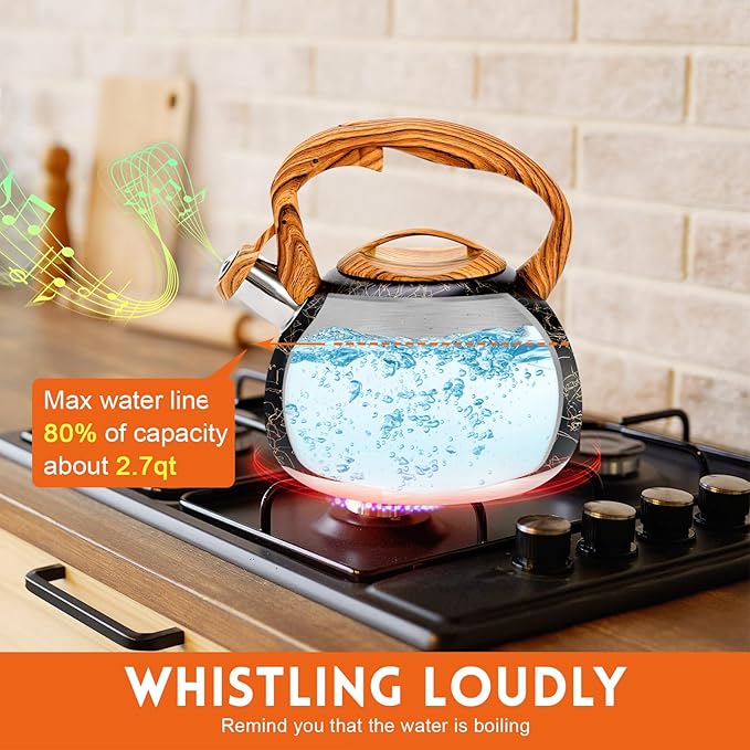 GGC Tea Kettle for Stove Top, Loud Whistling Kettle for Boiling Water Coffee or Milk, 3.1 Quart Stainless Steel Art Line Black Kettle with Wood Pattern Handle, Unique Button Control Kettle Outlet