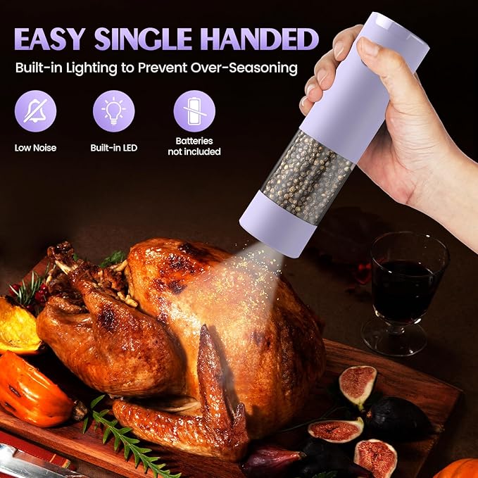 1 Pack Salt and Pepper Grinder- Gifts for Women Automatic Battery Purple Pepper Mill Shakers Kitchen Accessories Cooking for Mom, Adjustable Coarseness Salt Pepper Shakers