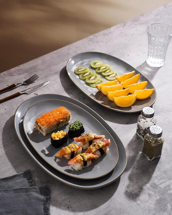famiware Serving Platter, Oval 15.59/14.3/12.9 inch Serving Dishes for Entertaining, Serving Bowls, Microwave Safe, Fine Stonware Serving Trays for Party, Turkey, Cheese, Ocean Series, Dark Grey