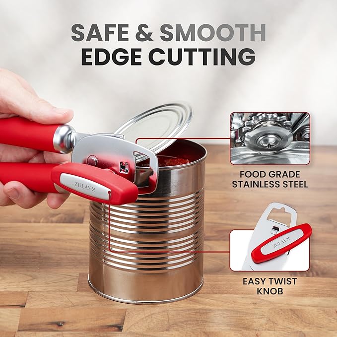 Zulay Kitchen Heavy Duty Stainless Steel Can Opener Manual with Bottle Opener - Rust Proof Manual Can Opener With Turn Knob & Comfy Soft Grip Handles - Cherry Red