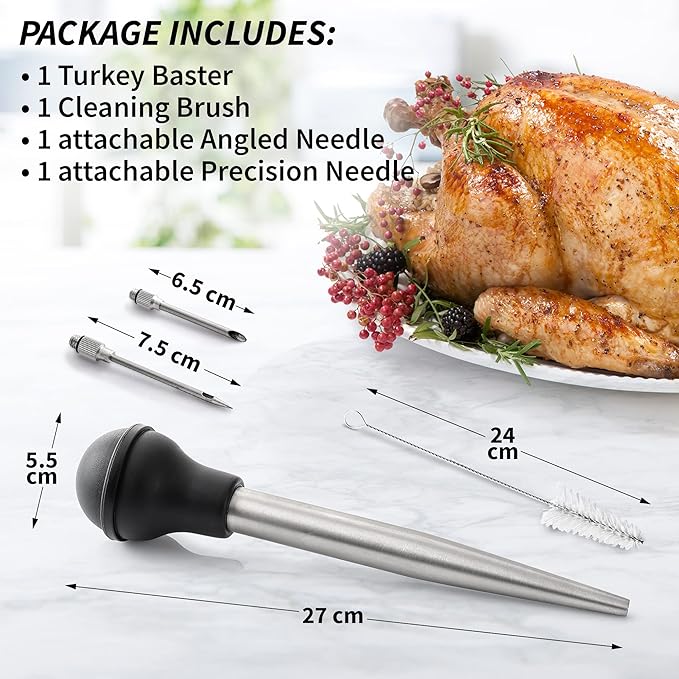 Zulay Kitchen Stainless Steel Turkey Baster for Cooking - Food Grade Metal Baster Syringe & Silicone Suction Bulb - Large Size With 2 Detachable Needles and Cleaning Brush