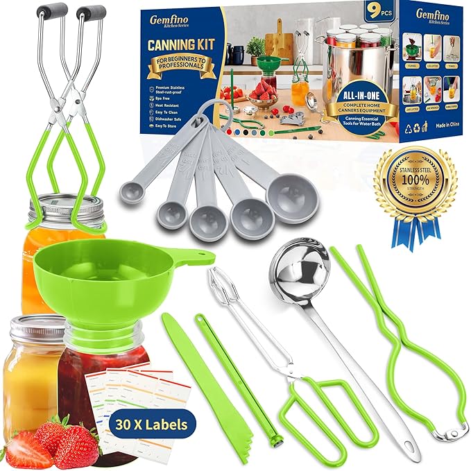 Canning Supplies Starter Kit,Canning Kit for Beginners of 9 with Jar Lifter，Wide Mouth Funnel,Wrench,Tongs,Lid Lifter,Bubble Popper,Canning Labels,ladle,Measuring spoon-Neon Green