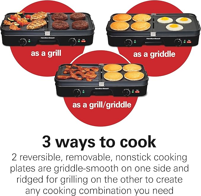 Hamilton Beach 3-in-1 Electric Indoor Grill + Griddle, 8-Serving, Reversible Nonstick Plates, 2 Cooking Zones with Adjustable Temperature (38546), Black