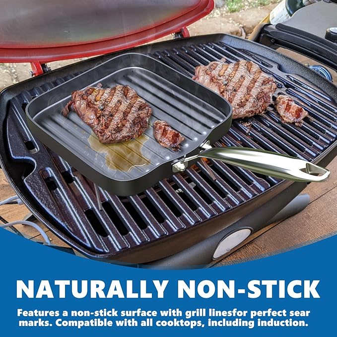 SafBbcue Square 11” Ridged Grill Pan - Non-Stick Ceramic Coated, Durable Skillet Indoor & Outdoor Grilling, Oven Gas & Induction Safe, for Weber Charbroil Camp Chef Grill, Black