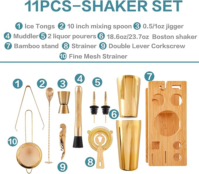 11-Pcs Cocktail Shaker Set Gold,Bartending Kit Stainless Steel Shakers 25oz Bar Kits for Bartender Mixing Set Barware Tool Sets for Professional Bartender and Home