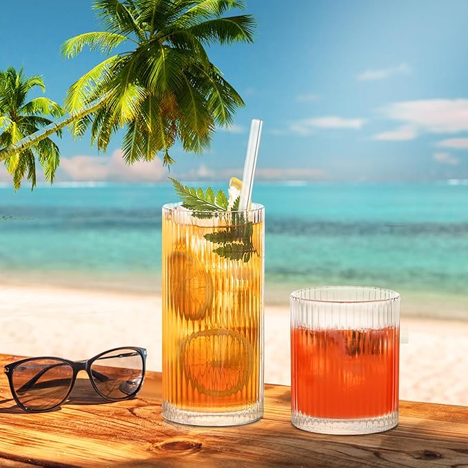 INSETLAN 12-Piece Ribbed Glassware - 6 Highball Glasses 12 oz, 6 Rocks Glass Cups 14 oz, Vintage Cocktail Drinking Glasses, Ideal for Wine, Juice, Water, Ice Coffee Cup, Whiskey, Mixed Drinkware