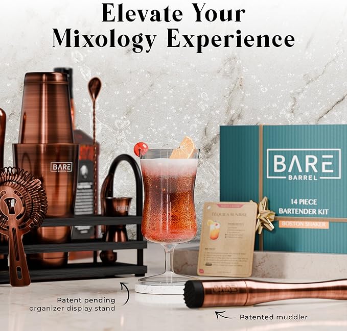 BARE BARREL® Mixology Bartender Kit Bar Set | 14-Piece Cocktail Shaker Set | Martini Barware Mixing Tools for Home Bartending | 35 Recipe Cards | Gift Set (28oz Boston Shaker, Copper/Black)