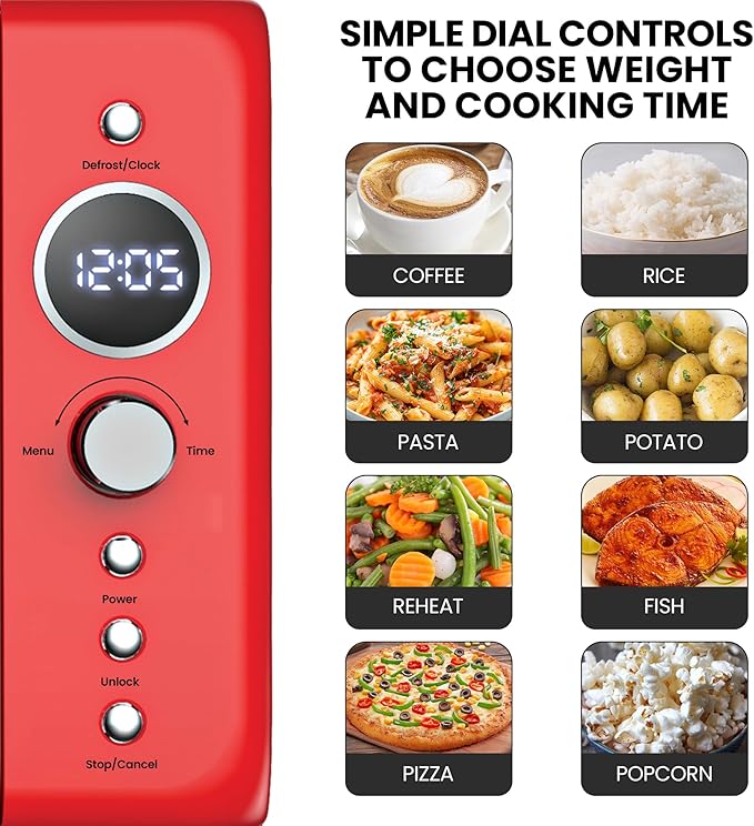 Total Chef Retro Microwave Oven | 20L / 0.7 Cu Ft | Quick Start & Defrost By Weight/Time | 8 Pre-set Cooking Modes For Coffee, Rice, Pasta, Potato, Reheat, Fish, Pizza, Popcorn | 700W | Red