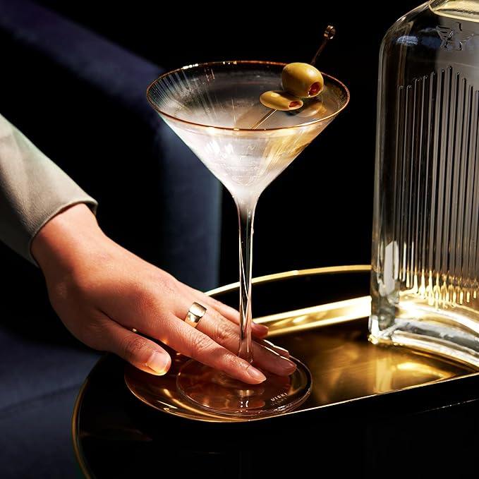 Viski Meridian Martini Glasses - Stemmed Fun Cocktail Glasses - Art Deco Ripple Gold Rimmed Crystal Glassware - 7.8oz Set of 2