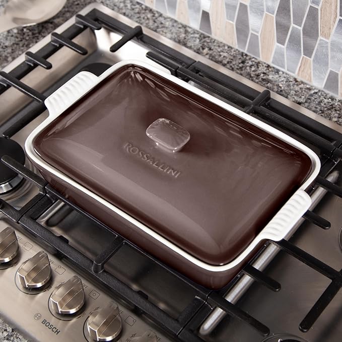 ROSSALLINI Stoneware Casserole Dish Bakeware Set with Lid, Covered Rectangular Dinnerware, Large 3.2 Quart, 11 by 9 Inch [Oyster Grey]
