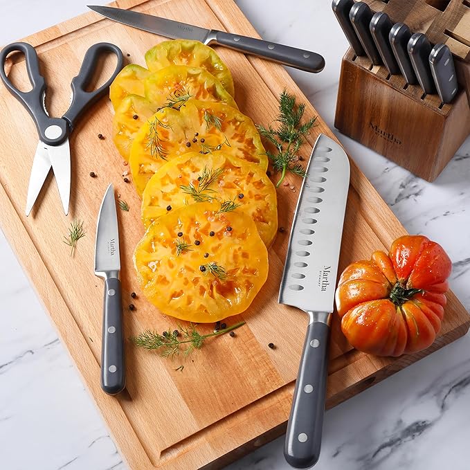 MARTHA STEWART Eastwalk 14 Piece High Carbon Stainless Steel Cutlery Knife Block Set w/ABS Triple Riveted Forged Handle Acacia Wood Block - Gray