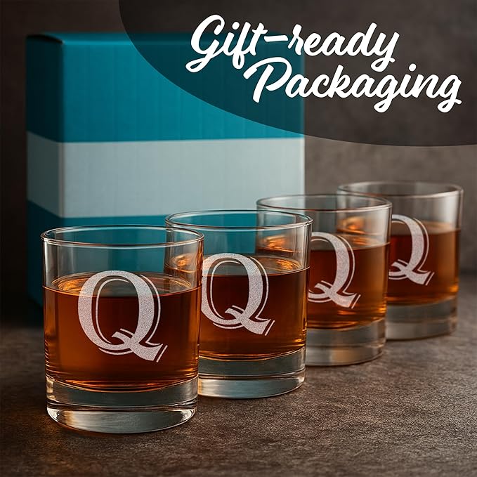 Monogrammed Gifts for Men - 4PC 11 Oz Custom Whiskey Glasses (Q-Monogram) - Engraved Whiskey Glasses - Personalized Whiskey Glasses - Unique Bourbon Glasses - Personalized Glass Gifts for Dad
