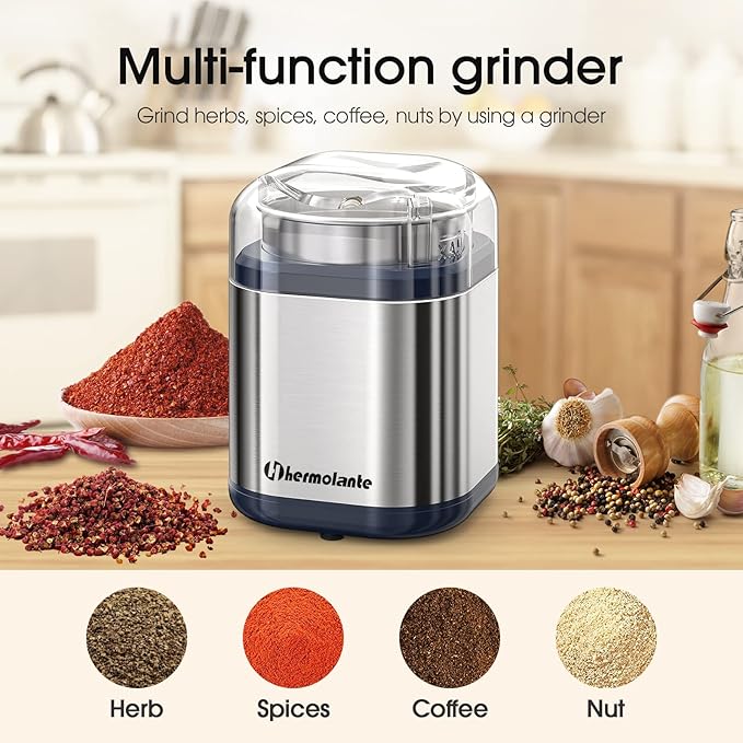 Hermolante Herb Grinder Spice Grinder, 200 w Herb Grinder with Stainless Steel Blade and Cleaning Brush, Compact Size Electric Grinder for Herbs and Spices -5.11in(Stainless Steel)