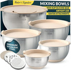 Baker's Signature Stainless Steel Mixing Bowls with Lids Set, 5 Sizes, 3 Graters, Non-Slip Base, Airtight Lids, Metal Mixing Bowls for Kitchen, Food Prep, Storage, 0.63QT-5QT, Khaki