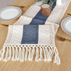 FEXIA Boho Table Runner 36 Inches Long with Tassels Farmhouse Rustic Cream & Blue Macrame for Dining Bedroom Home Baby Bridal Shower Decor(12x36 Inches)