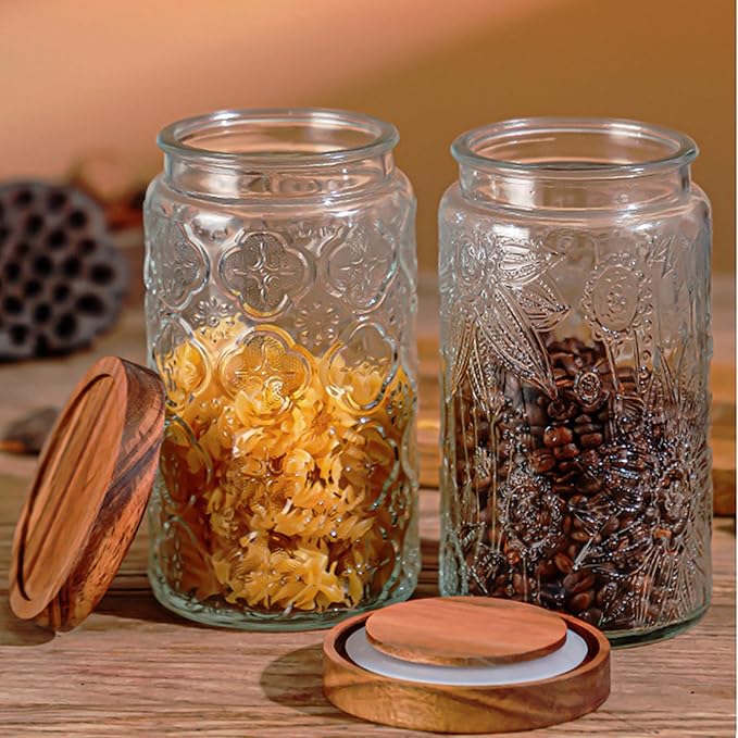34 OZ/2 PCS Glass Storage Jar with Airtight Bamboo Wooden Lids, Vintage Food Containers Canisters Sets for Kitchen Counter Pantry, Sugar, Flour, Candy, Tea, Coffee Beans, Oats, Grain Bin, Pasta,