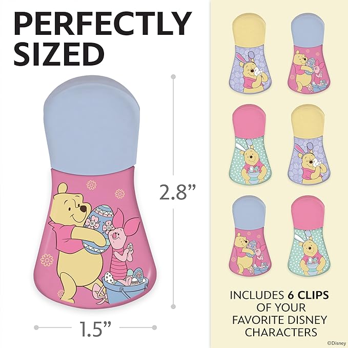 Disney Magnetic Chip Clips – Set of 6 Bag Clips for Food Storage - Mickey, Minnie, Lilo & Stitch, Winnie The Pooh – Durable Airtight Bag Chip Clips for Pantry & Fridge Use