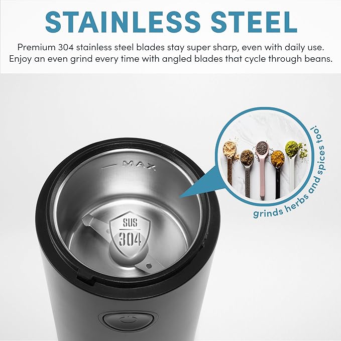 Aroma Housewares Mini Coffee Grinder and Electric Herb Grinder with 304 Stainless Steel Grinding Blades and a Premium Clear Lid (40 g.)