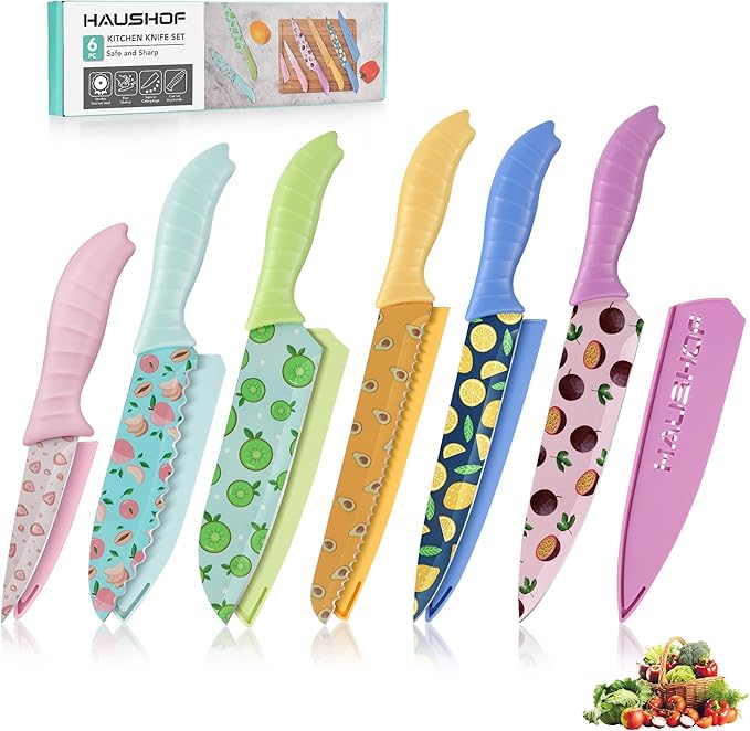 HAUSHOF Kitchen Knife Set, 12-Piece Colorful Knives Set with 6 Sheaths, Non-Stick Coated Stainless Steel Fruit Pattern Blades for Slicing, Dicing&Cutting, Gifts Knife Set for Dad, Mom