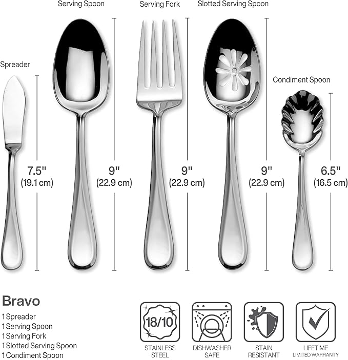 Mikasa Bravo 65-Piece Flatware Set for 12, 18/10 Stainless Steel Silverware with Full Service, Includes Forks, Knives, Spoons, and Serving Utensils