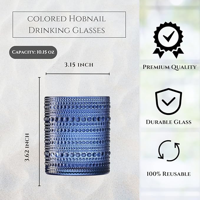 Hobnail Beaded Highball Drinking Tumbler Glasses | Set of 6 | Color, Vintage Bubble Design Whiskey Glassware, Old-Fashioned, Embossed Design for Water, Wine, Cocktail Embossed Heavy Glas, Rocks Glass