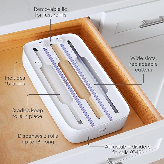 YouCopia StoraRoll Wrap Dispenser, 3-in-1, Drawer Organizer for Foil, Plastic Wrap, Parchment and Wax Paper with Safety Cutters and Labels for Kitchen Organization