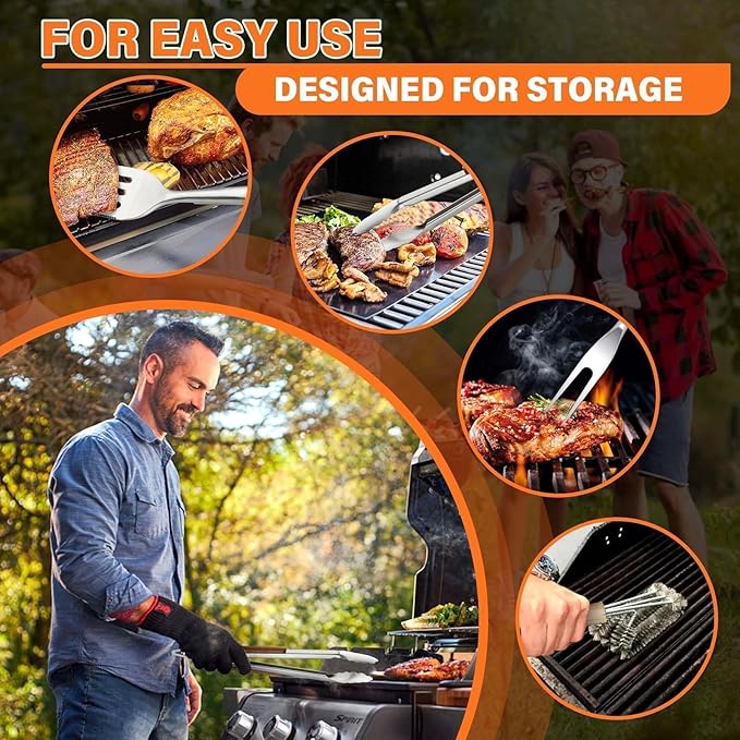 TIVOLI 4PCS Grilling Accessories, Heavy Duty BBQ Tool Set with Stainless Steel Spatula, Tongs, Fork, Cleaning Brush, Wood Handles Barbecue Utensils Kit for Outdoor, Perfect Grill Gifts for Dad Men