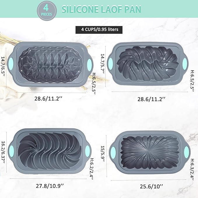 4 Piece Silicone Loaf Pan for Baking Bread, Non-Stick Kitchen Oven Bread Pan, Perfect for Banana Bread, Sandwich Bread, Pound Cake and Meatloaf, 4 Cups, Grey