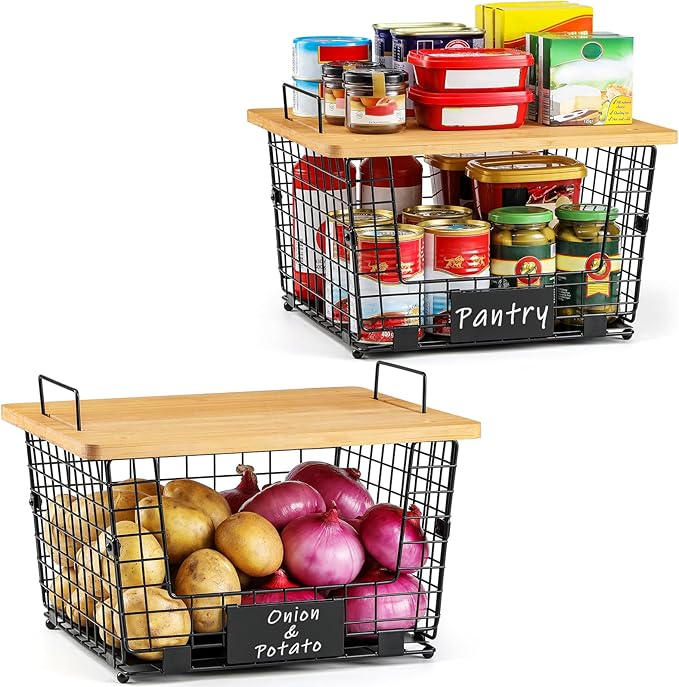 2 Set XXL Stackable Wire Basket with Bamboo Tops & Tag- Pantry Organizer and Storage Bins, Kitchen Counter Cabinet Shelf Countertop Under Sink Organizing, Food Snack Produce Onion Potato Bread Storage