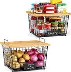 2 Set XXL Stackable Wire Basket with Bamboo Tops & Tag- Pantry Organizer and Storage Bins, Kitchen Counter Cabinet Shelf Countertop Under Sink Organizing, Food Snack Produce Onion Potato Bread Storage