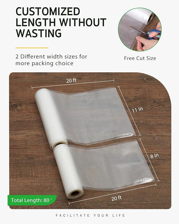 Syntus Vacuum Sealer Bags, 4 Pack 2 Roll 11" x 20' and 2 Roll 8" x 20' Commercial Grade BPA Free Bag Rolls, Food Vac Bags for Storage, Meal Prep or Sous Vide