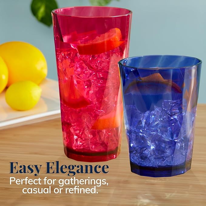 US Acrylic Optix Plastic Reusable Drinking Glasses (Set of 16) 14oz Rocks & 20oz Water Cups in Jewel Tone Colors | BPA-Free Tumblers, Made in USA | Top-Rack Dishwasher Safe