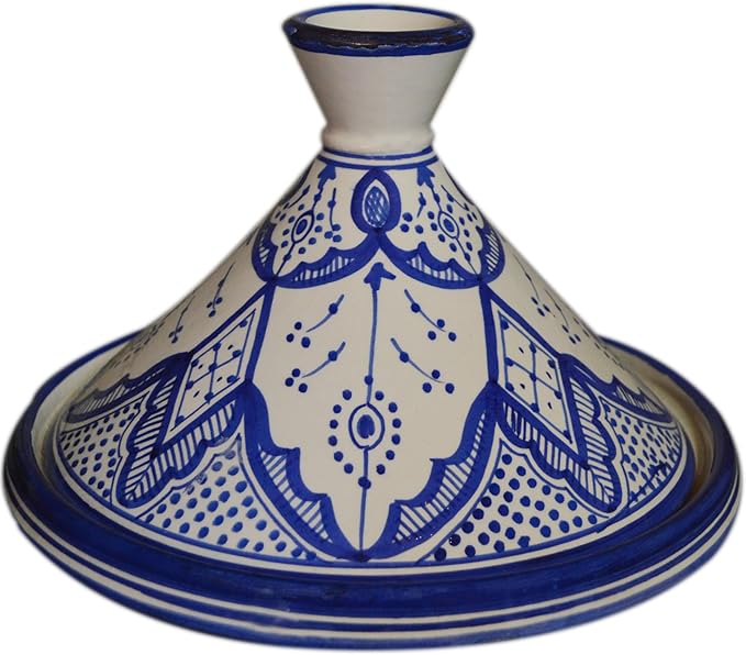 Moroccan Handmade Serving Tagine Exquisite Ceramic With Vivid colors Original 10 Inches in Diameter Fes White & Blue