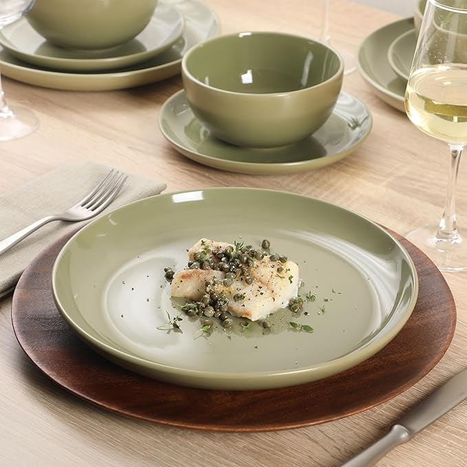 Gibson Home Rockaway 12 Piece Plates and Bowls Matte Outside/Shiny Inside Glaze Service for 4 Dinnerware Set - Green - Dishwasher and Microwave Safe