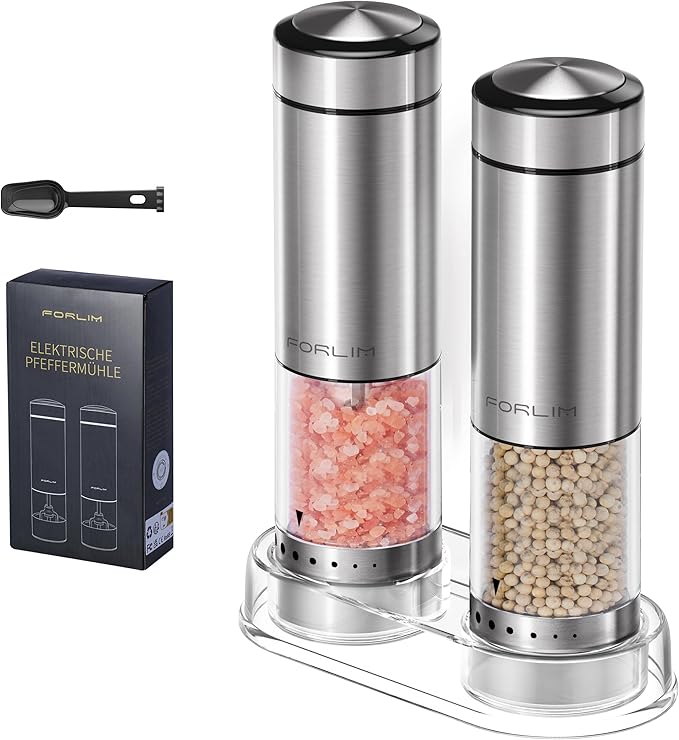 FORLIM Electric Salt and Pepper Grinder Set, Upgraded Washable, Batteries Powered Automatic One-Handed Operation with LED, Adjustable Coarseness Pepper and Salt Grinder Refillable, Stainless Steel