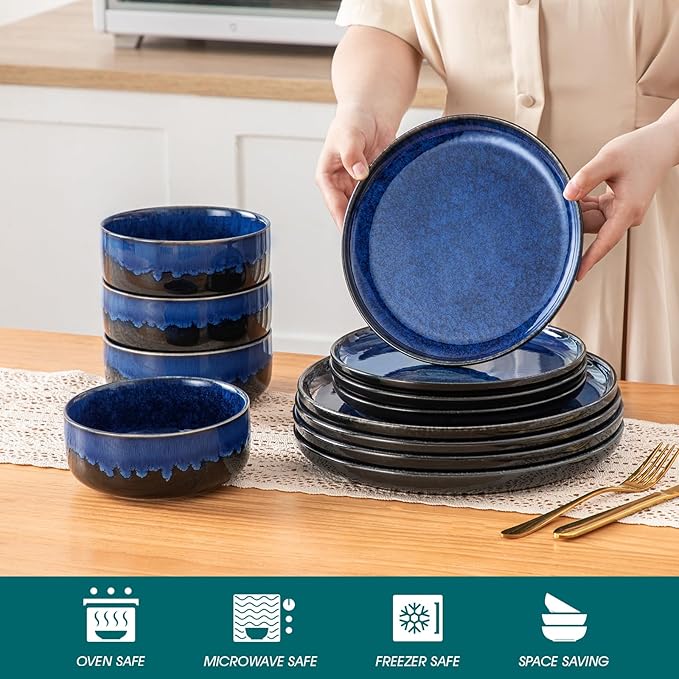 vancasso Starry 12 Pieces Dinnerware Sets for 4, Blue Reactive Glaze Dishes Sets, Ceramic Plates and Bowls Set, Dinner Salad Dessert Plates, and Cereal Bowls Set, Dishwasher and Microwave Safe