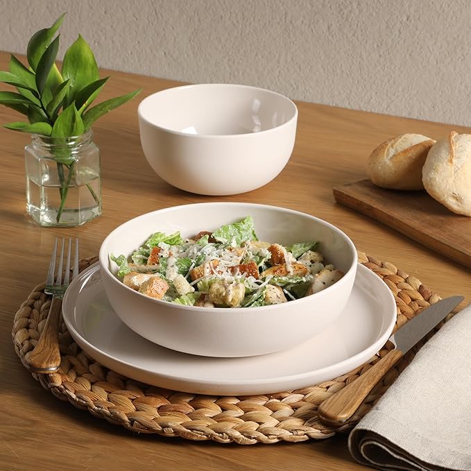 Gibson Home Candy Skies 12 Piece Unbreakable Wheat Straw Melamine Plates and Bowls Dinnerware Set - Outdoor, Camping, & Everyday Use - Matte Exterior/Shiny Interior Taupe Cream