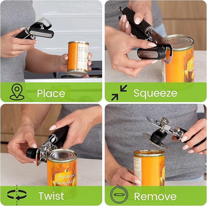 Spring Chef Stainless Steel Can Opener - Manual with Soft Grip Handles, Easy Turn, Heavy Duty Hand Can Openers for Seniors with Smooth Edge - Magnetic Lid Remover - Black