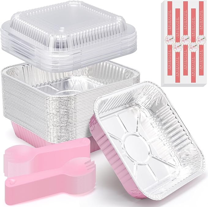 (35 Pack)Pink 8x8 Inch Disposable Aluminum Foil Pans&Square Cake Pans for Parties, Clear Plastic Lids,Eco-Friendly Baking Trays with Stickers&Cake Spoons,Picnics,Casseroles,Takeout,Recyclable Cookware
