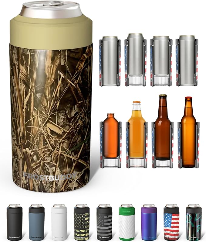 Frost Buddy Universal Can Cooler - Fits all - Stainless Steel Can Cooler for 12 oz & 16 oz Regular or Slim Cans & Bottles - Stainless Steel (Real Tree Max7)
