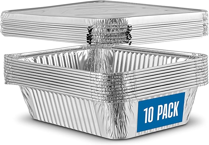 PLASTICPRO 10 Pack Aluminum Pans 6.5'' x 9" Disposable Pans with Covers Heavy Duty 2.25 lb Foil Pans for Baking and Cooking