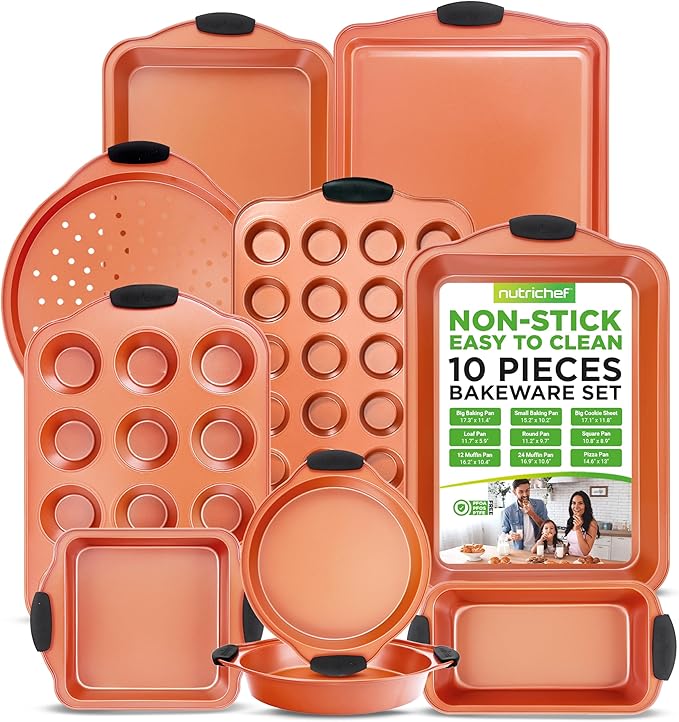 NutriChef 10-Piece Nonstick Baking Pan Set - Premium Carbon Steel Bakeware with Silicone Handles, Baking Pans, Pizza Pan, Square Pan, Loaf Pan, Cookie Sheet, Round Pan, 12/24 Cup Muffin Pan (Copper)