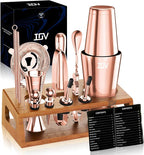 IOV Mixology Bartender Kit Bar Set with Stand | 17-Piece Cocktail Shaker Set | 28oz Boston Shaker Drink Mixer Set with All Essential Accessory Tools | Fun Housewarming Gift (Rose Gold)