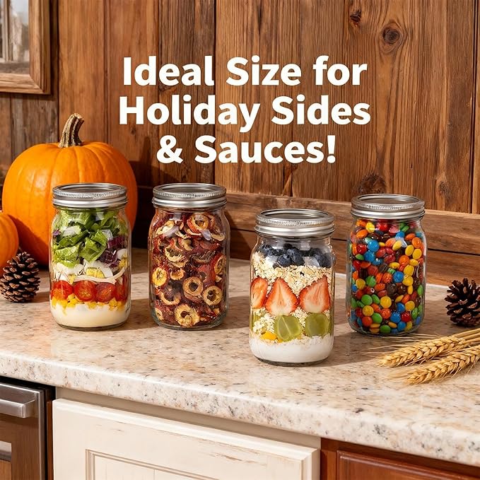 WELLIFE Wide Mouth Mason Jars, 12 Pack Mason Jars 32 oz for Pickling, Canning, Fermenting and Food Storage, Microwave & Dishwasher Safe