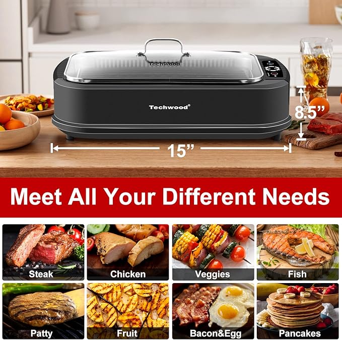 Techwood Indoor Grill Smokeless Grill, Electric Korean BBQ Grill with Glass Lid, Turbo Smoke Extractor Technology, Dishwasher-Safe Drip Tray & Nonstick Grilling Removable Plate, Black, 1500W